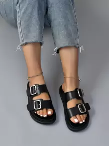 Elegant Black Sandals For Women, Buckle Decor Slide Sandals