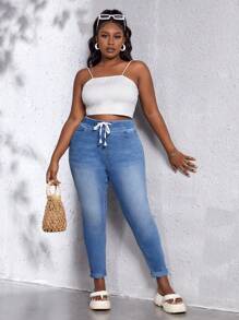 SHEIN SXY Quần Denim kích thước lớn Dây kéo Túi Denim mùa giặt màu trơn - Rửa nhẹ - Xem 4