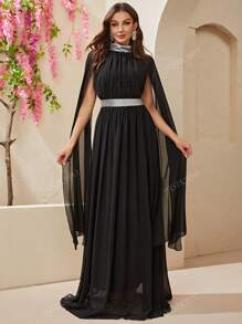 YISIKADO Mock Neck Cloak Sleeve Chiffon Formal Dress