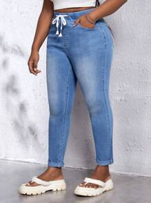 SHEIN SXY Quần Denim kích thước lớn Dây kéo Túi Denim mùa giặt màu trơn - Rửa nhẹ - Xem 1