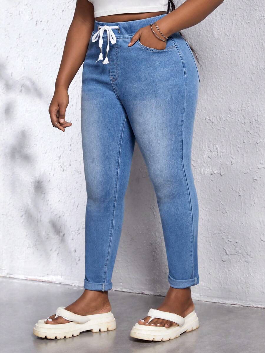 SHEIN SXY Quần Denim kích thước lớn Dây kéo Túi Denim mùa giặt màu trơn - Rửa nhẹ - Xem 1