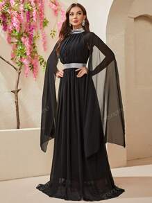 YISIKADO Mock Neck Cloak Sleeve Chiffon Formal Dress