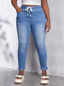 SHEIN SXY Quần Denim kích thước lớn Dây kéo Túi Denim mùa giặt màu trơn - Rửa nhẹ - Xem 6