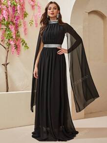 YISIKADO Mock Neck Cloak Sleeve Chiffon Formal Dress