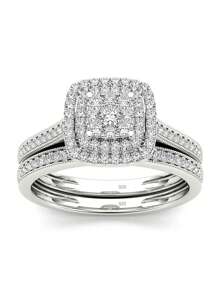 2pcs/Set Fashionable Elegant Luxurious Wedding Ring Set Made Of 925 Sterling Silver & Cubic Zirconia, Golden-Color, Ideal Gift For Wedding, Engagement, Anniversary Bridal Jewelry - White - View 3