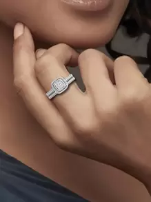 2pcs/Set Fashionable Elegant Luxurious Wedding Ring Set Made Of 925 Sterling Silver & Cubic Zirconia, Golden-Color, Ideal Gift For Wedding, Engagement, Anniversary Bridal Jewelry - White - View 4