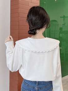 Solid Lace Trim Statement Collar Tie Front Shirt - White - View 2
