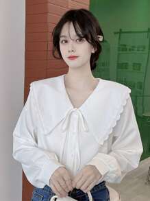Solid Lace Trim Statement Collar Tie Front Shirt - White - View 3