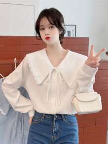 Solid Lace Trim Statement Collar Tie Front Shirt - White - View 4