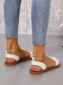 Elegant White Sandals For Women, Faux Pearl Decor Ankle Strap Sandals - White - View 2