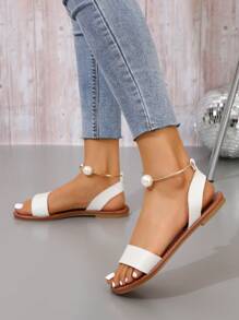 Elegant White Sandals For Women, Faux Pearl Decor Ankle Strap Sandals - White - View 3