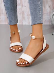 Elegant White Sandals For Women, Faux Pearl Decor Ankle Strap Sandals - White - View 4