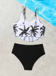 Conjunto de bikini estampado tropical con fruncido para niña preadolescente, playa de verano - Blanco y Negro - Ver 2