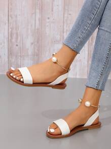 Elegant White Sandals For Women, Faux Pearl Decor Ankle Strap Sandals - White - View 5
