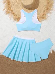 SHEIN Bộ Bikini Tween Girl Letter Đồ Họa Tương Phản Ràng Buộc Với Váy Đi Biển Bãi Biển Mùa Hè - Màu xanh nhạt - Xem 2