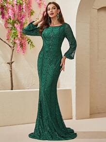 YISIKADO Mermaid Hem Sequin Formal Dress - Dark Green - View 4