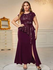 MIUSOL Đầm Plus Size ghép mộng kim sa Xù Tách cao màu trơn Buổi tiệc - Màu Đỏ Sâu - Xem 5