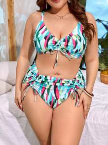 SHEIN Swim Curve Plus Size Allover In Dây Rút Bộ Bikini Đi Biển Mùa Hè - Nhiều màu - Xem 1
