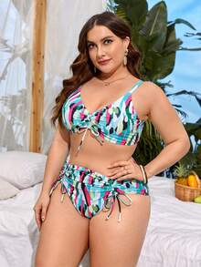 SHEIN Swim Curve Plus Size Allover In Dây Rút Bộ Bikini Đi Biển Mùa Hè - Nhiều màu - Xem 3