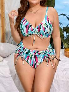 SHEIN Swim Curve Plus Size Allover In Dây Rút Bộ Bikini Đi Biển Mùa Hè - Nhiều màu - Xem 4