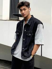 DAZY Men Cotton Flap Detail Denim Vest Jacket - Black - View 1