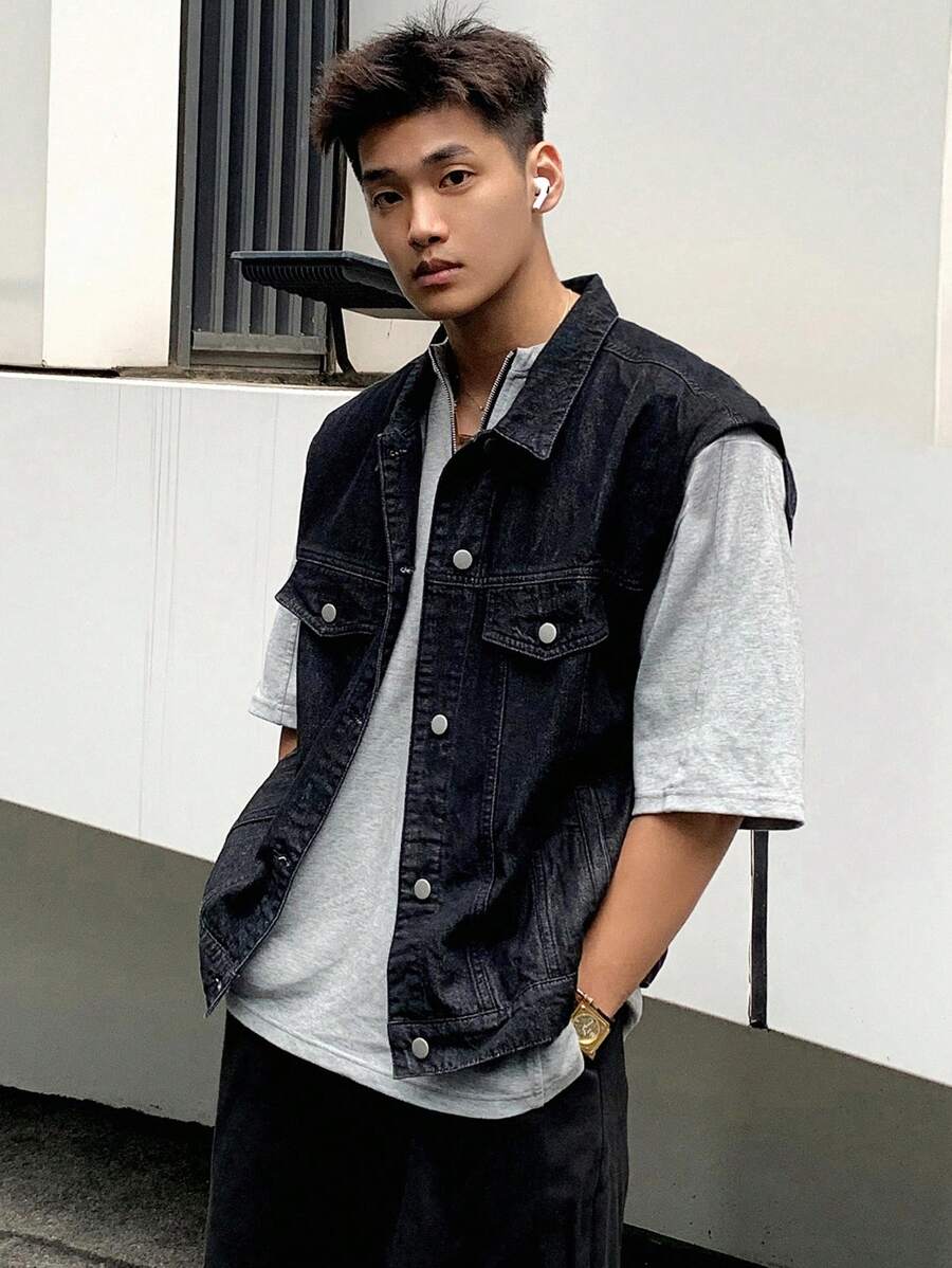 DAZY Men Cotton Flap Detail Denim Vest Jacket - Black - View 1