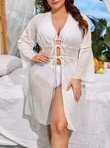 Plus Tie Front Kimono - White - View 1