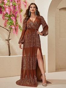 YISIKADO 交疊領高衩亮片連衣裙 - 紅木色 - 查看 2