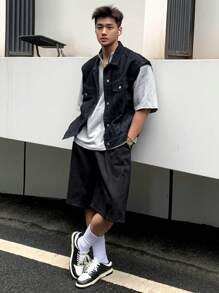 DAZY Men Cotton Flap Detail Denim Vest Jacket - Black - View 4