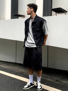 DAZY Men Cotton Flap Detail Denim Vest Jacket - Black - View 6