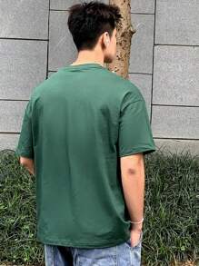 DAZY 男士棉標語圖案落肩T恤 - 綠色 - 查看 2