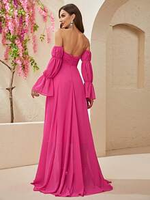 YISIKADO Vestido largo de gasa con hombros descubiertos y mangas largas, color blanco, ideal para boda en la playa, luna de miel, vacaciones, festivales de música, despedidas de soltera, fiestas y eventos - Rosa Fucsia - Ver 3