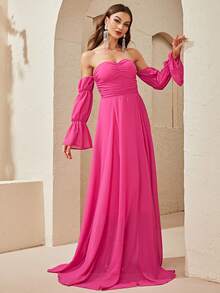 YISIKADO Vestido largo de gasa con hombros descubiertos y mangas largas, color blanco, ideal para boda en la playa, luna de miel, vacaciones, festivales de música, despedidas de soltera, fiestas y eventos - Rosa Fucsia - Ver 4