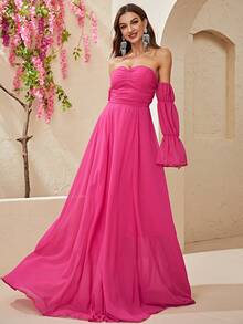 YISIKADO Vestido largo de gasa con hombros descubiertos y mangas largas, color blanco, ideal para boda en la playa, luna de miel, vacaciones, festivales de música, despedidas de soltera, fiestas y eventos - Rosa Fucsia - Ver 7