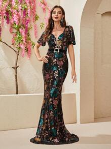 YISIKADO Vestido de vestir con estampado floral con lentejuelas bajo sirena - Multicolor - Ver 1