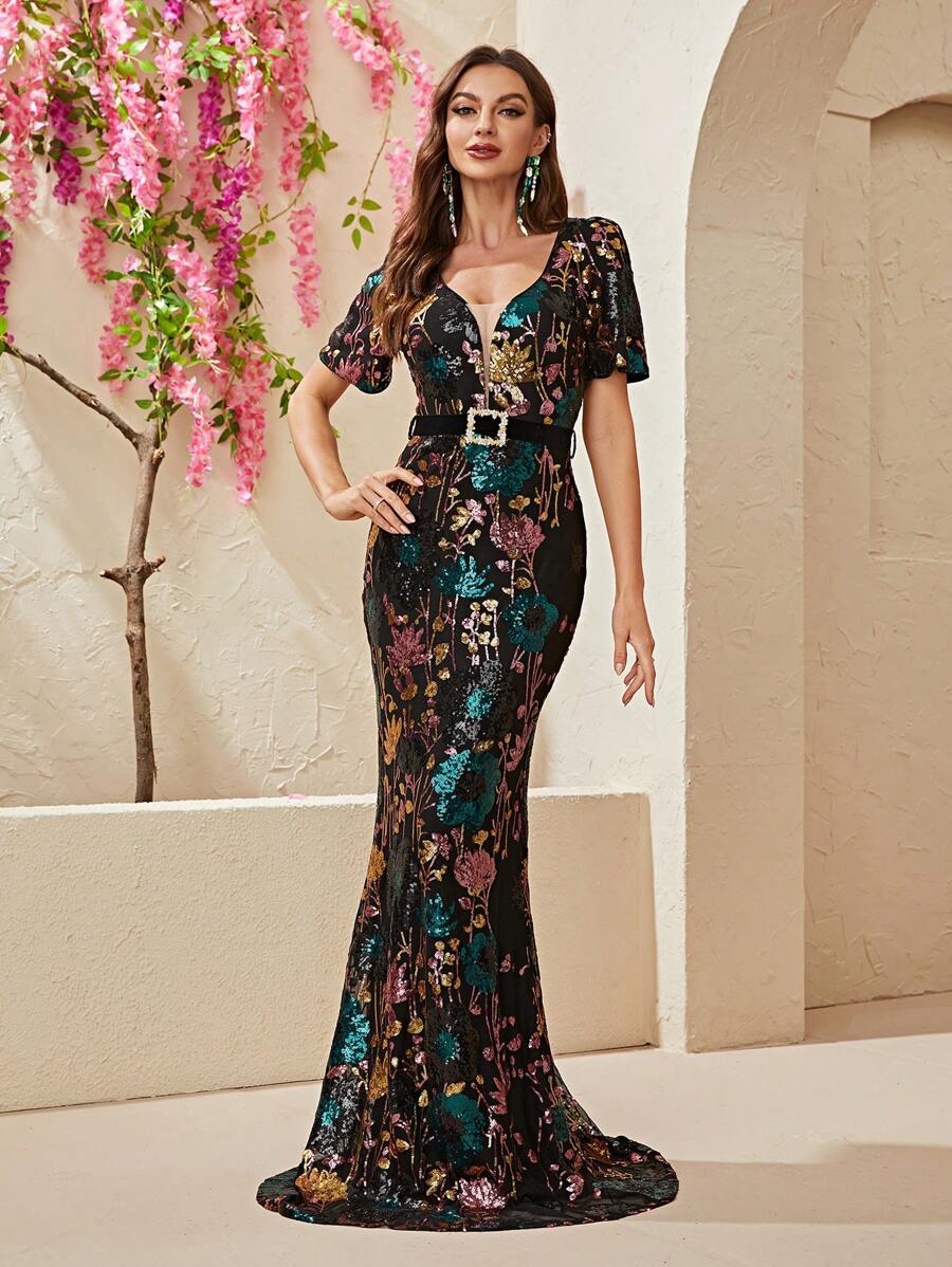 YISIKADO Vestido de vestir con estampado floral con lentejuelas bajo sirena - Multicolor - Ver 1