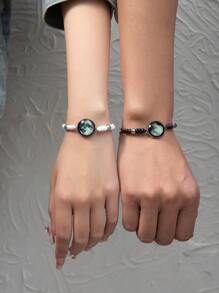 ATLVXJL 2 Stücke Geflochtenes Armband Im Dunkeln leuchtend natürlich Himmel Schwarz Perle Anhänger, Pärchen Valentinstag Geschenk