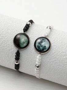 ATLVXJL 2 Stücke Geflochtenes Armband Im Dunkeln leuchtend natürlich Himmel Schwarz Perle Anhänger, Pärchen Valentinstag Geschenk