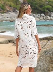 GENKIRA Eyelet Embroidery Button Front Drop Shoulder Shirt Dress - White - View 2