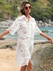 GENKIRA Eyelet Embroidery Button Front Drop Shoulder Shirt Dress - White - View 3