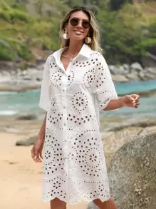 GENKIRA Eyelet Embroidery Button Front Drop Shoulder Shirt Dress - White - View 4