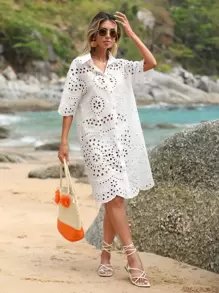 GENKIRA Eyelet Embroidery Button Front Drop Shoulder Shirt Dress - White - View 5