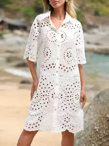 GENKIRA Eyelet Embroidery Button Front Drop Shoulder Shirt Dress - White - View 6