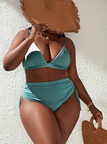 SHEIN Swim Curve Plus High Waist Drawstring Side Bikini Bottom - Cadet Blue - View 5