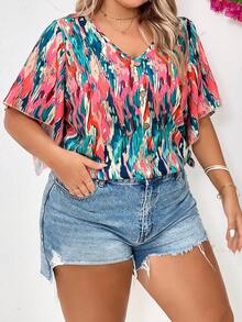 SHEIN LUNE 大碼滿版印花蝴蝶袖襯衫 - 彩色 - 查看 6