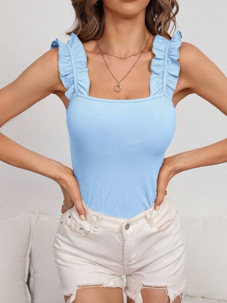 SHEIN Frenchy Top unicolor ribete con fruncido correa ancha - Celeste - Ver 1