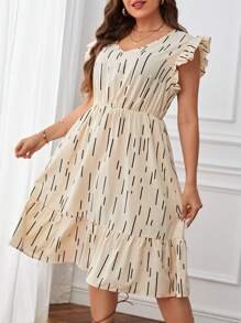 SHEIN Privé Plus Allover Geo Print Ruffle Trim Dress - Apricot - View 1