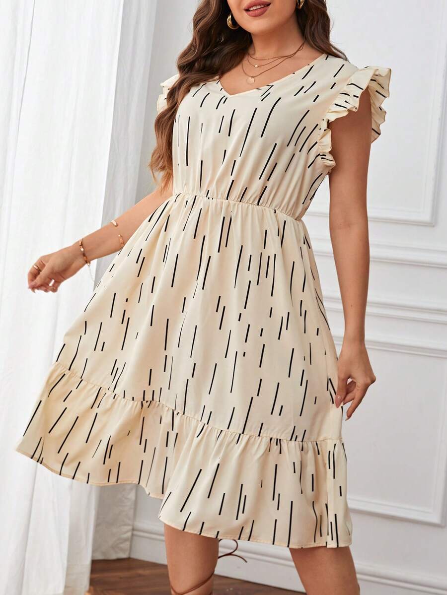 SHEIN Privé Plus Allover Geo Print Ruffle Trim Dress - Apricot - View 1