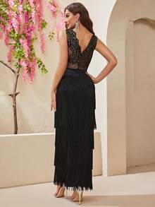 YISIKADO Đầm mép phân lớp Dây kéo màu trơn Buổi tiệc - màu đen - Xem 2