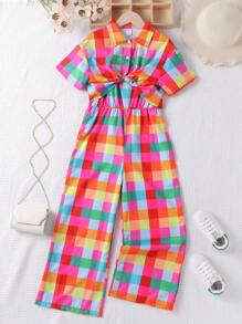 SHEIN 女孩格紋印花襯衫和闊腿連體褲